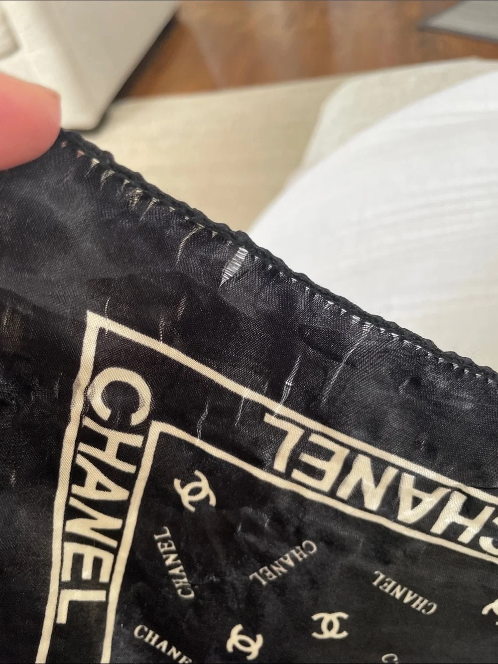 CHANEL Black and Cream Signature Silk Square Scarf